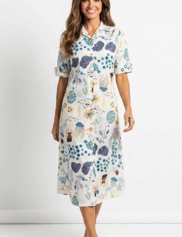 Flex Fabric Collared A-Line One-Piece Midi Dress – Sea Creature Print (Cream)