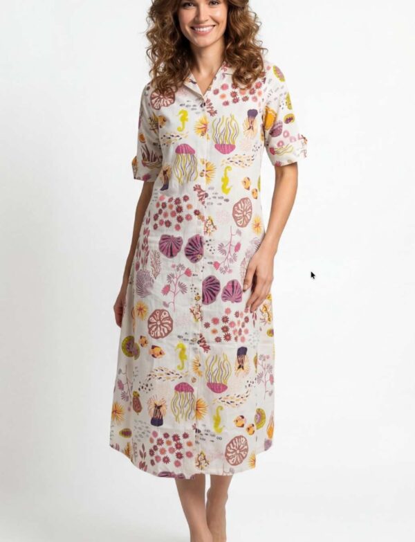 Flex Fabric Collared A-Line One-Piece Midi Dress – Sea Creature Print (Cream-Pink)