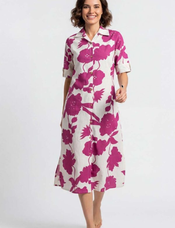 Flex Fabric Collared A-Line One-Piece Midi Dress – Bold Pink Floral Motif (Cream Base)