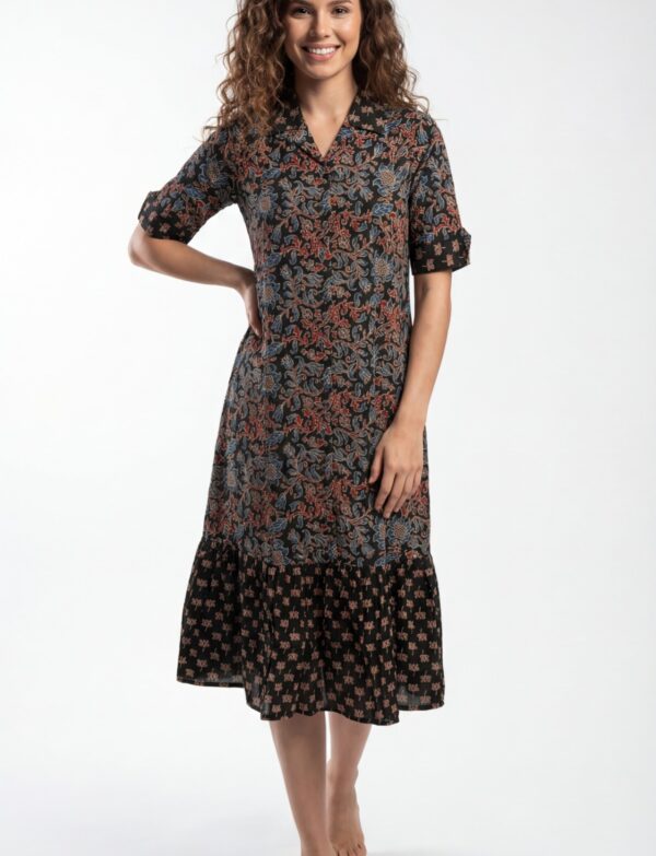 Black Cambric Cotton Midi One-Piece Dress with Floral Print