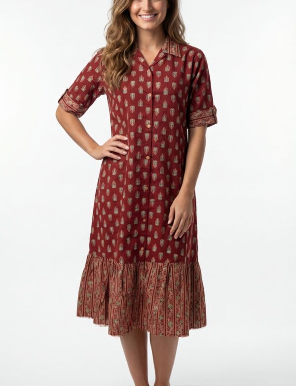 Pure Cambric Cotton Midi Dress with Gold Paisley Print