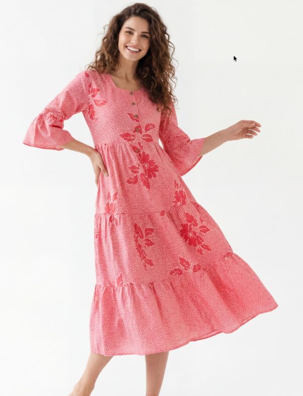 Cambric Cotton Triple Frill Midi Dress (Pink Floral)