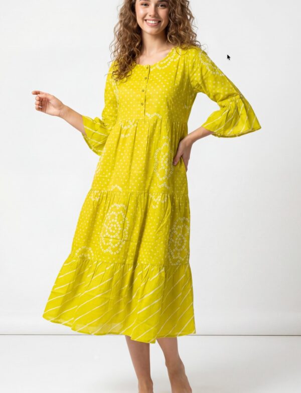 Cambric Triple-Layer Midi Dress – Bright Yellow Bandhani Print