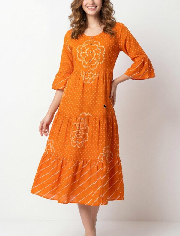 Orange Bandhani Printed Midi Dress