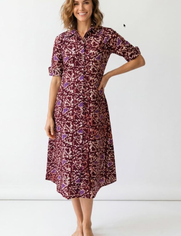 Pure Batik Collared One-Piece Midi Dress Maroon/burgundy