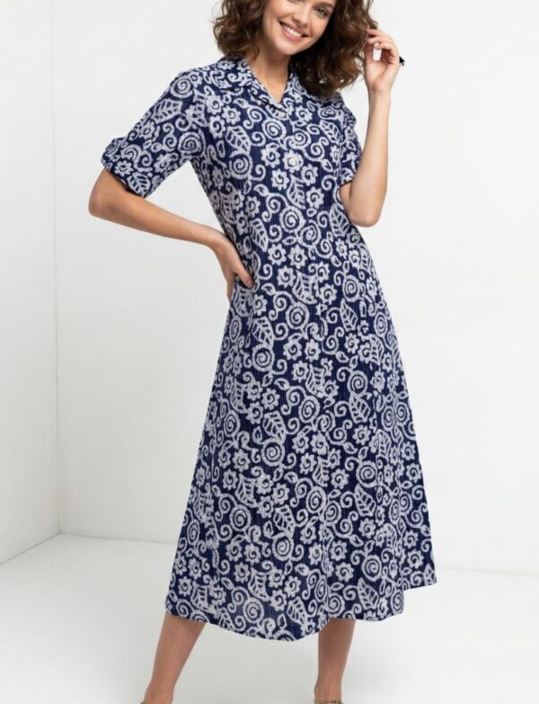 Pure Batik Collared One-Piece Midi Dress Dark blue