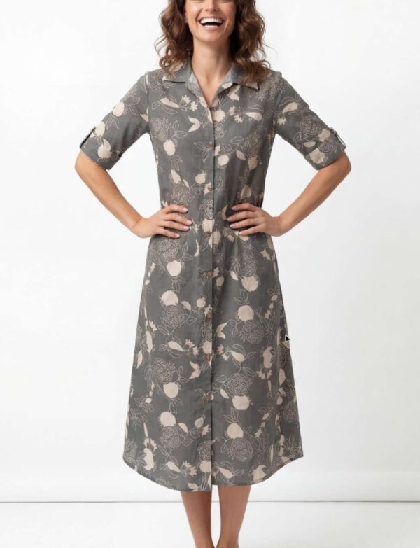 Flex Fabric Collared A-Line One-Piece Midi Dress – Cream Fruit Motif (Pastel Grey Base)