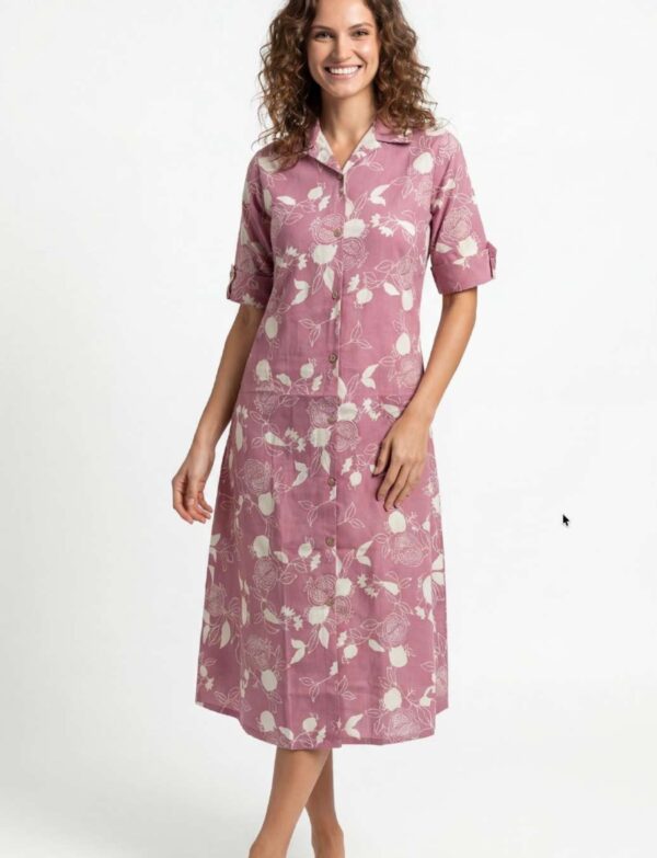 Flex Fabric Collared A-Line One-Piece Midi Dress – Cream Fruit Motif (Bay Pink Base)