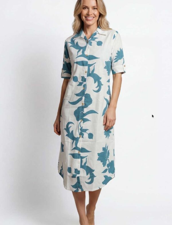 Flex Fabric Collared A-Line One-Piece Midi Dress – Bold Ice Blue Floral Motif (Cream Base)