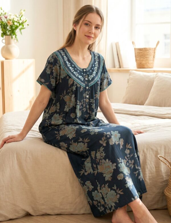 big Floral dark green Nighty with thread embroidery
