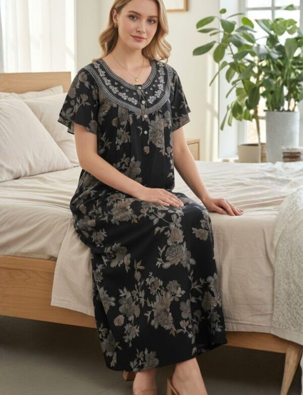 Big Floral Black Nighty with Thread Embroidery