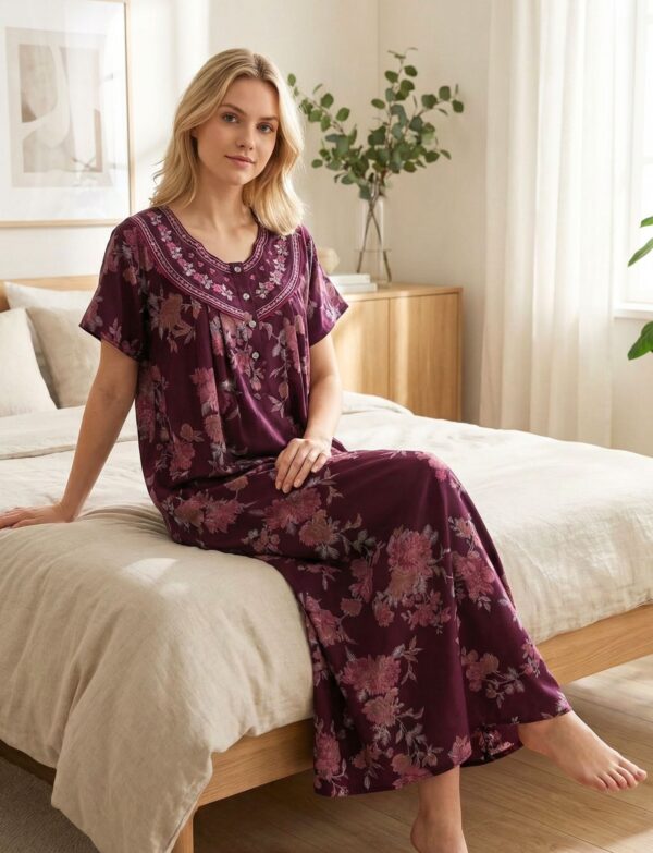 Big Floral Maroon Nighty with Thread Embroidery