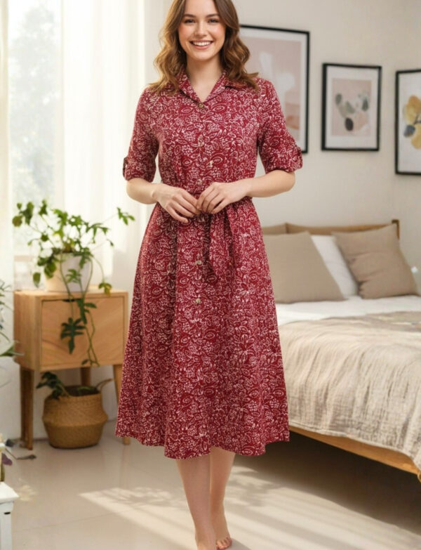 Collar-Neck Kala Premium Batik Frock – Maroon Floral