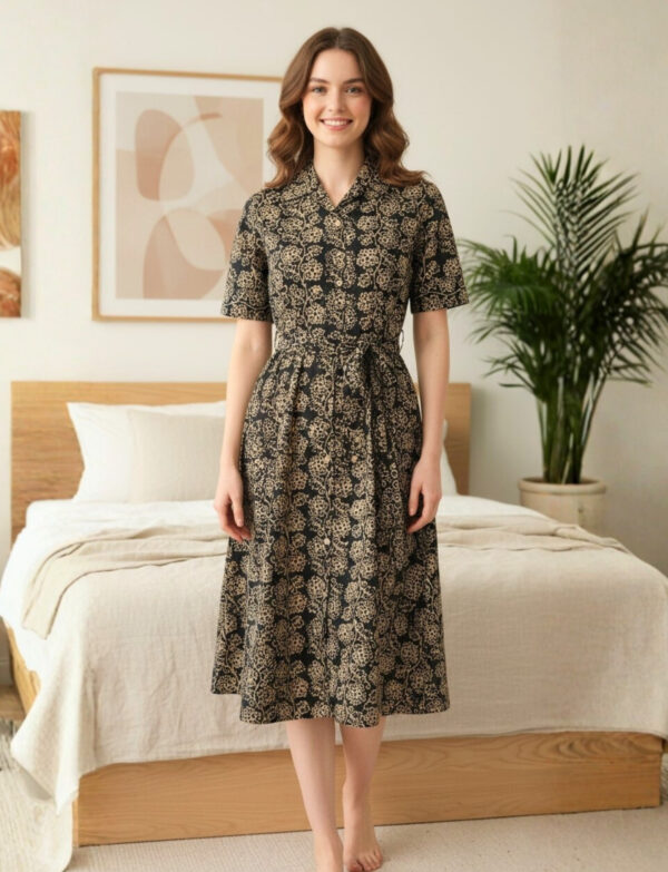 Collar-Neck Kala Premium Batik Frock – Black Floral