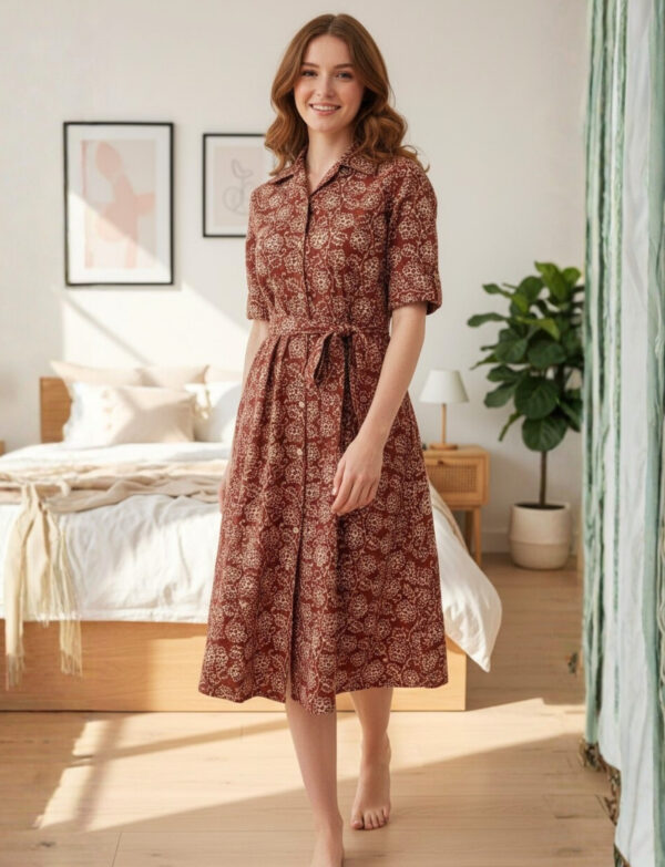 Collar-Neck Kala Premium Batik Frock – Mud Brown Floral