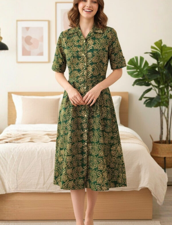 Collar-Neck Kala Premium Batik Frock – Green Floral