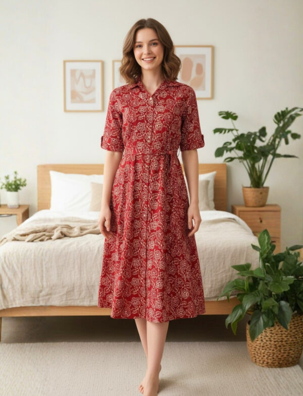 Collar-Neck Kala Premium Batik Frock – Red Floral