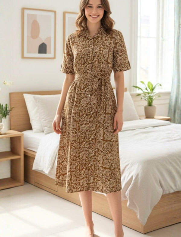 Collar-Neck Kala Premium Batik Frock – Beige Floral