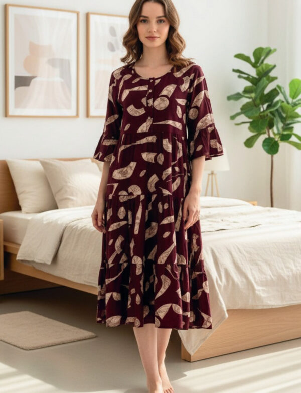 Brown Geometric Print Rayon Triple Layer Frock