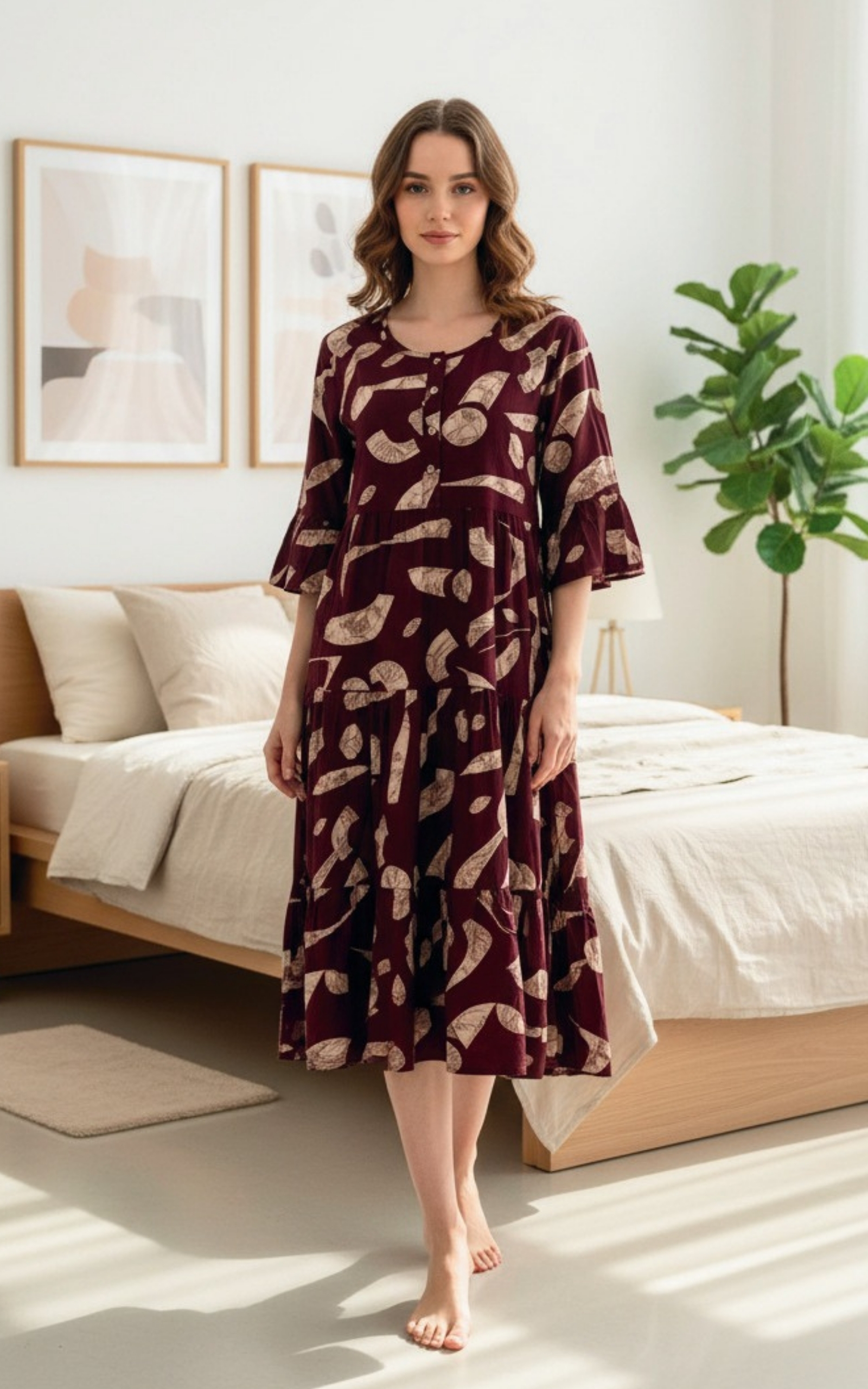 Brown Geometric Print Rayon Triple Layer Frock