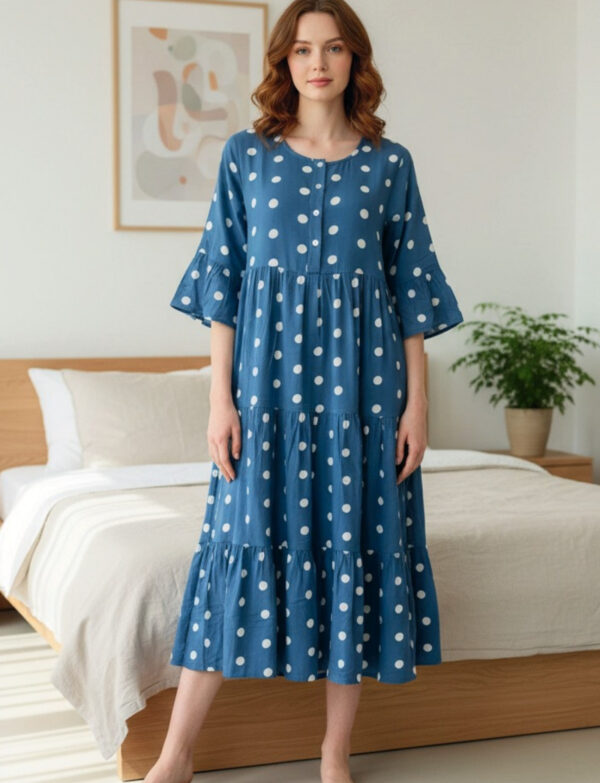Blue Polka Dot Print Rayon Triple Layer Frock