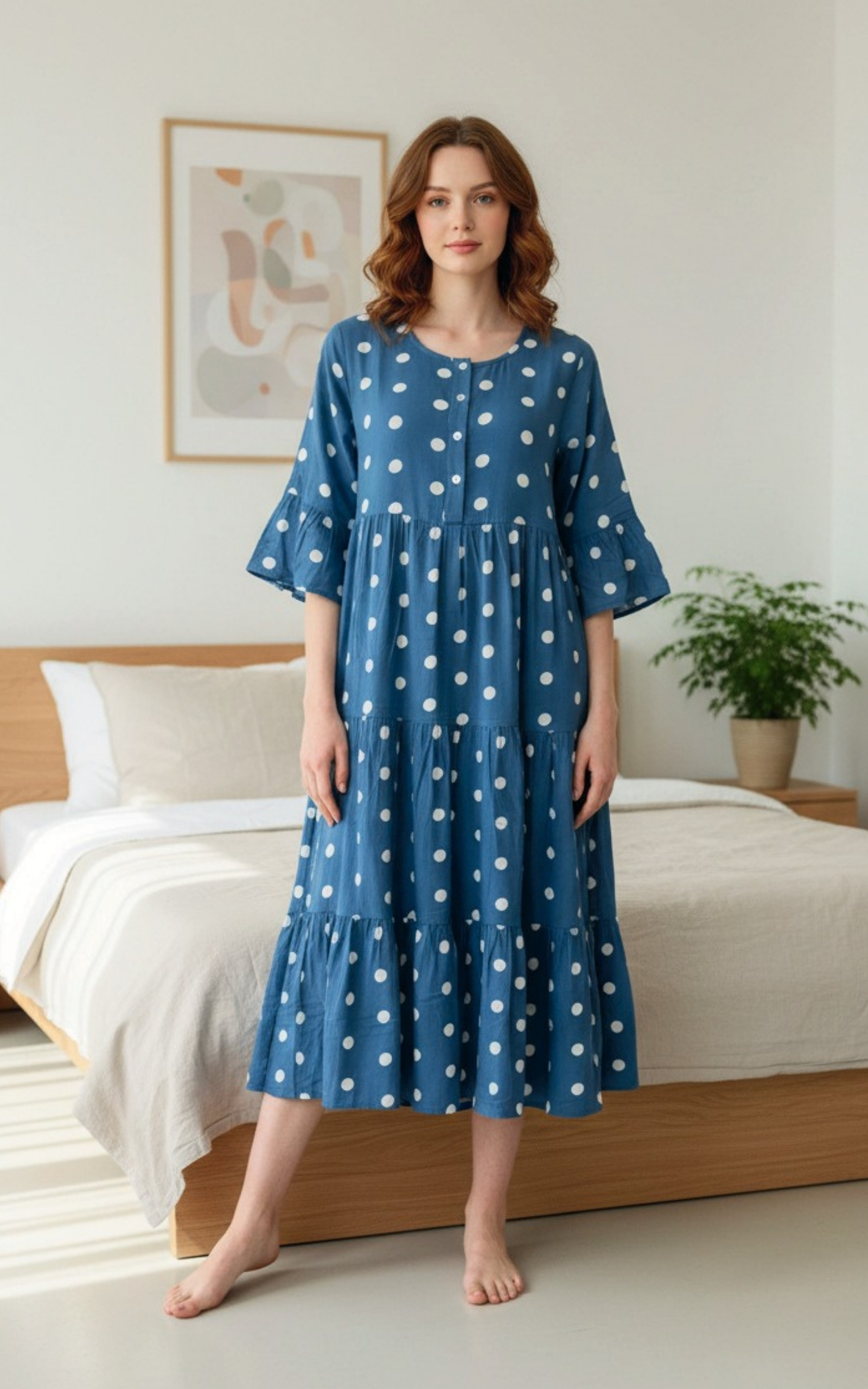 Blue Polka Dot Print Rayon Triple Layer Frock