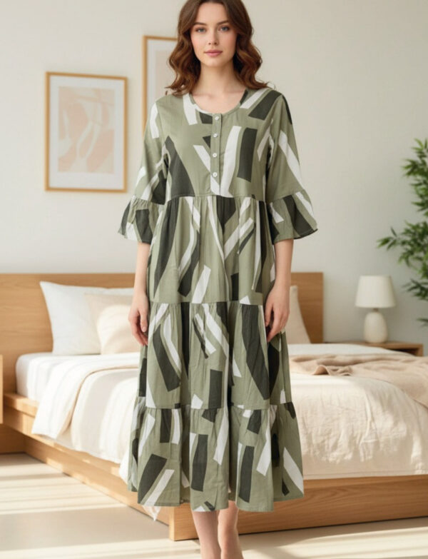 Green Abstract Geometric Print Rayon Triple Layer Frock