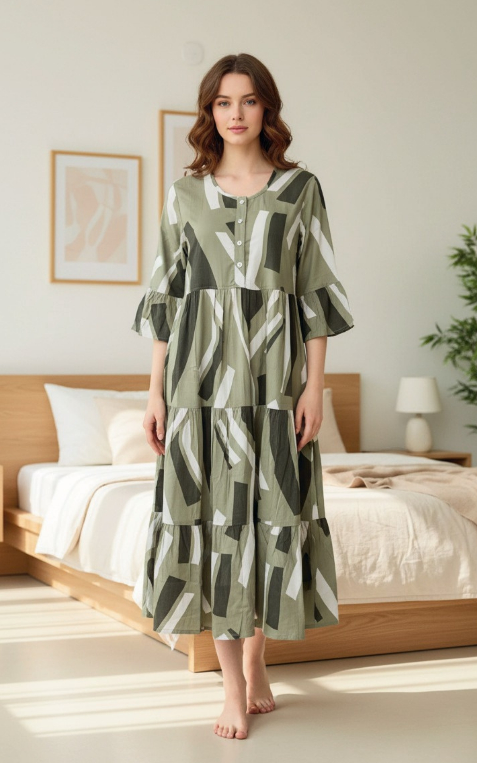 Green Abstract Geometric Print Rayon Triple Layer Frock