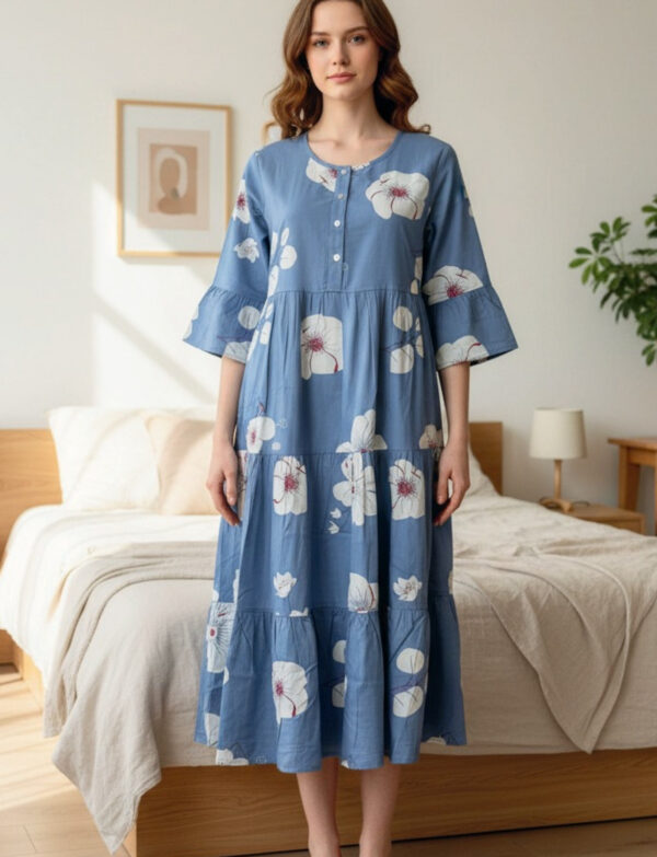 Light Blue Floral Print Rayon Triple Layer Frock