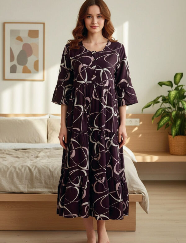Purple Abstract Design Rayon Triple Layer Frock
