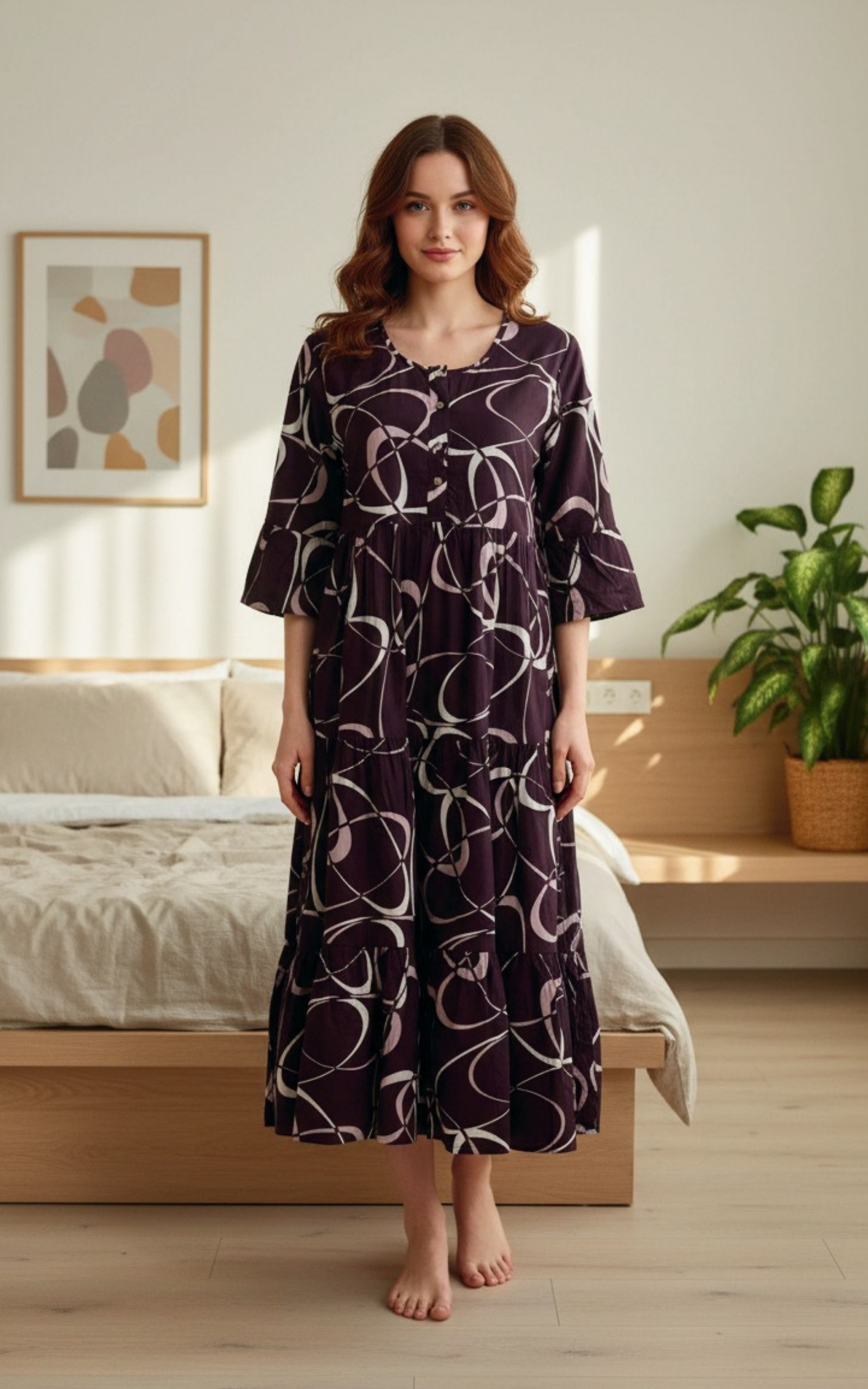 Purple Abstract Design Rayon Triple Layer Frock