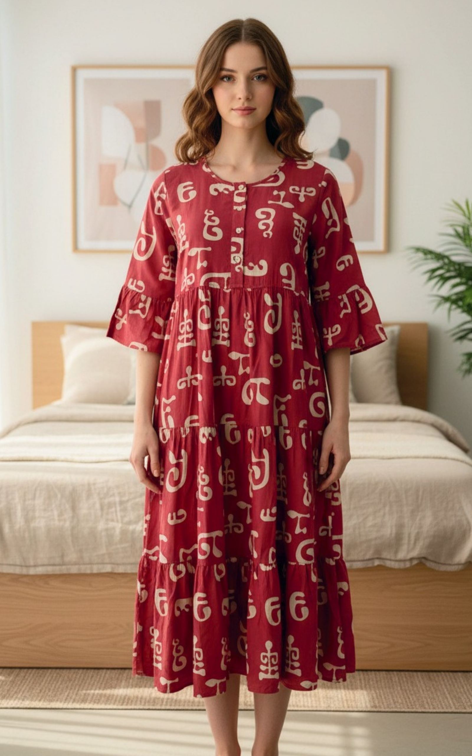 Rose Pink Abstract Print Rayon Triple Layer Frock